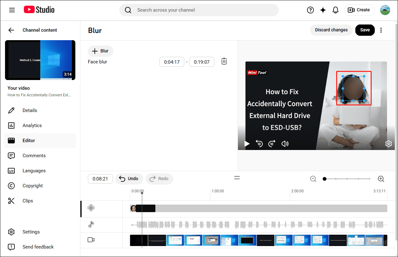 YouTube Studio’s Blur editor page showing a blur on the face in the video.