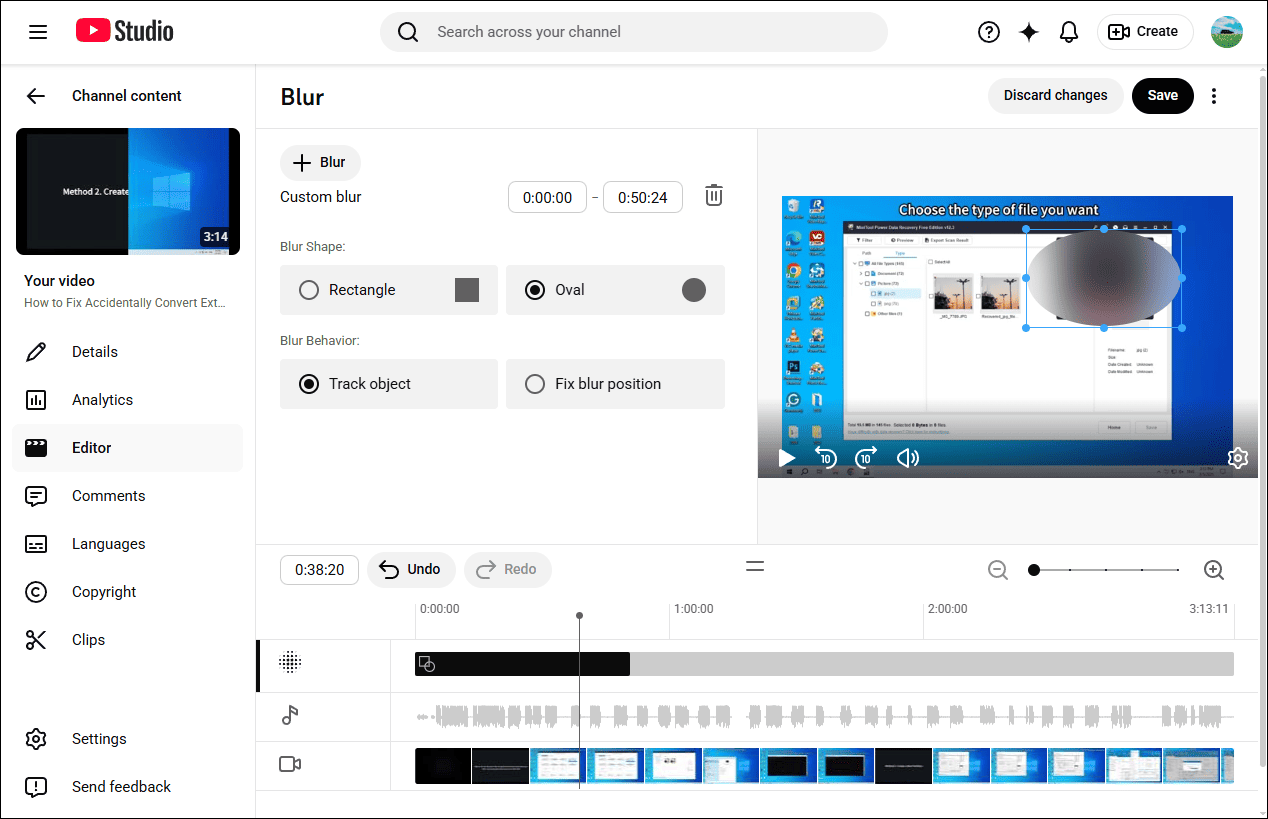 YouTube Studio’s Blur editor page showing how to add a custom blur to the video.
