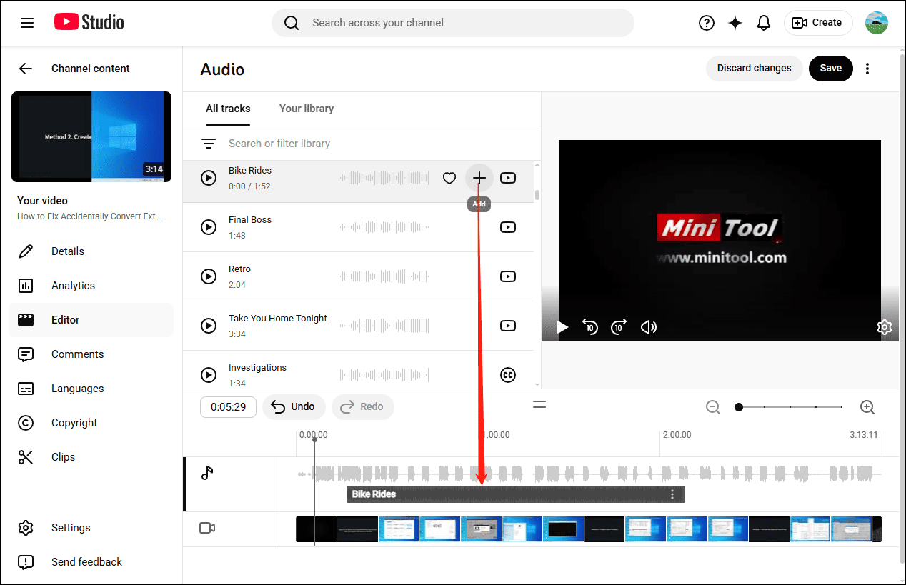 YouTube Studio’s Audio editor page showing how to add a song to the video.