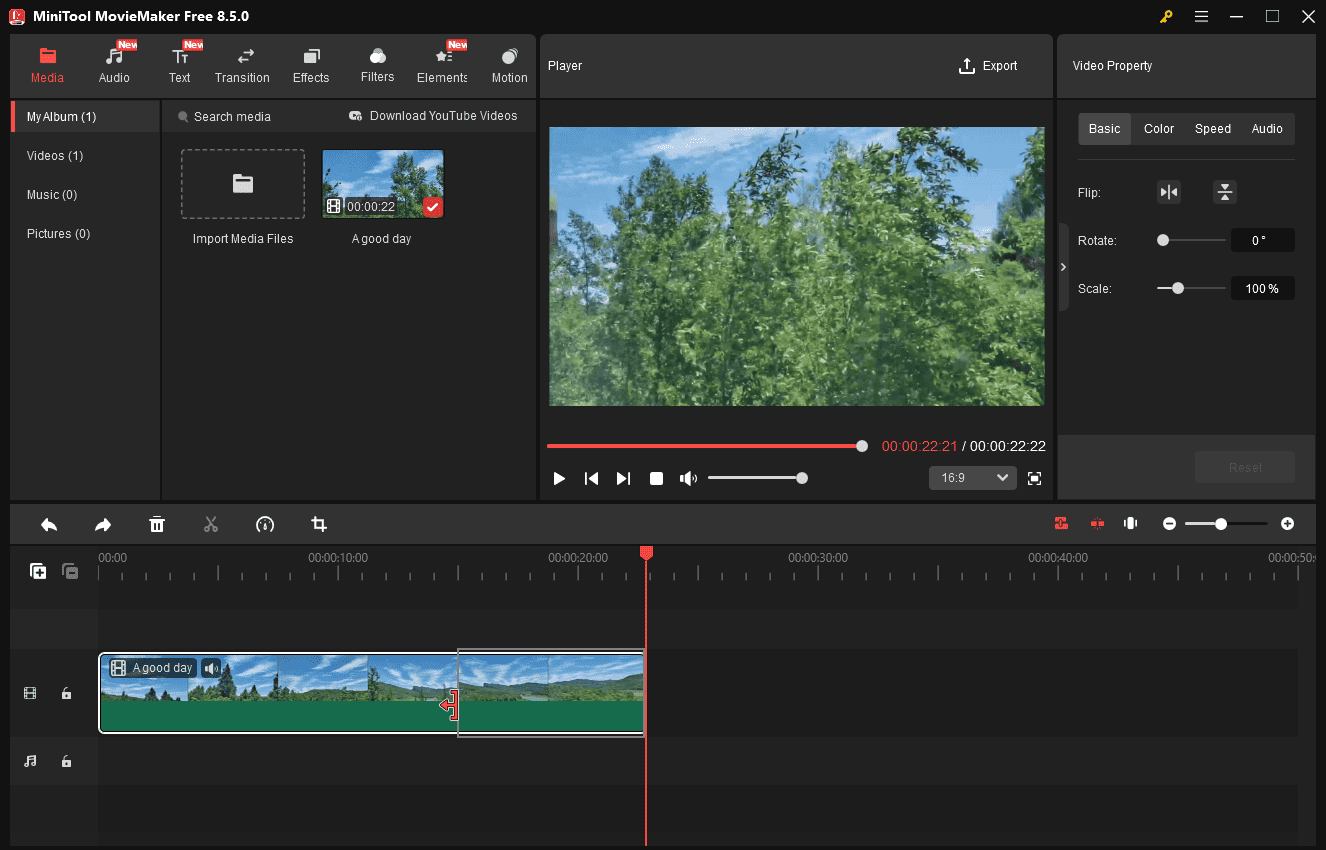 A video on the MiniTool MovieMaker timeline with the Trim icon being dragged inward.