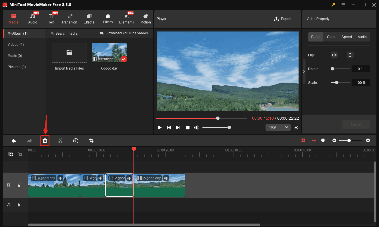 MiniTool MovieMaker timeline showing how to delete a middle part of a video.