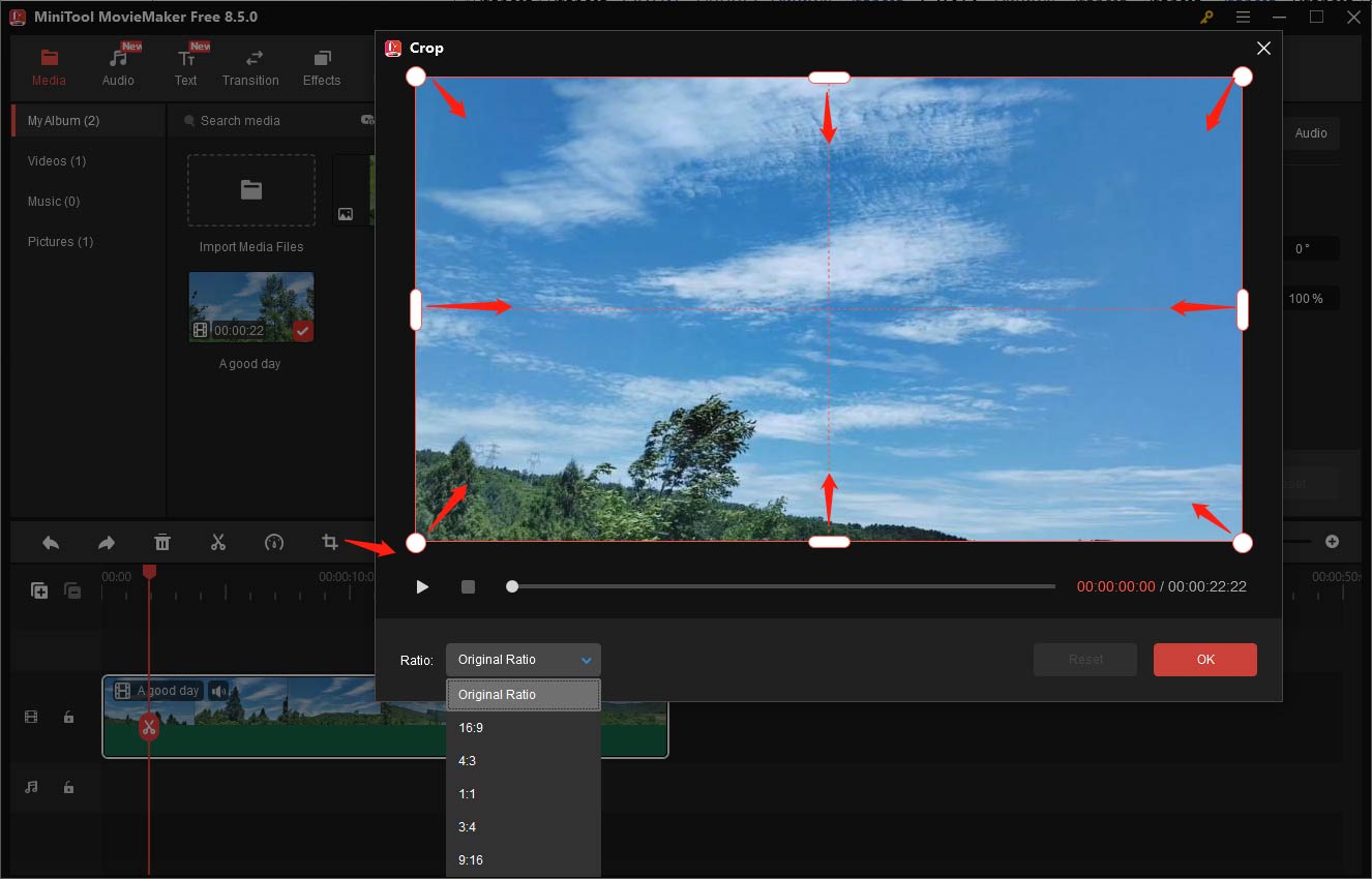 MiniTool MovieMaker interface with the Crop window showing how to crop a video.