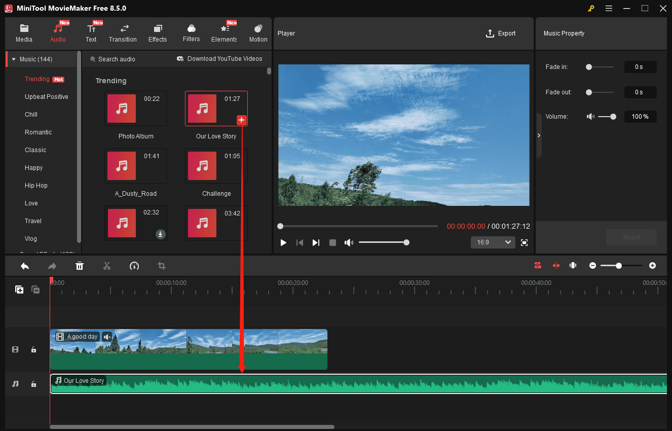 MiniTool MovieMaker interface showing how to add music to a video.