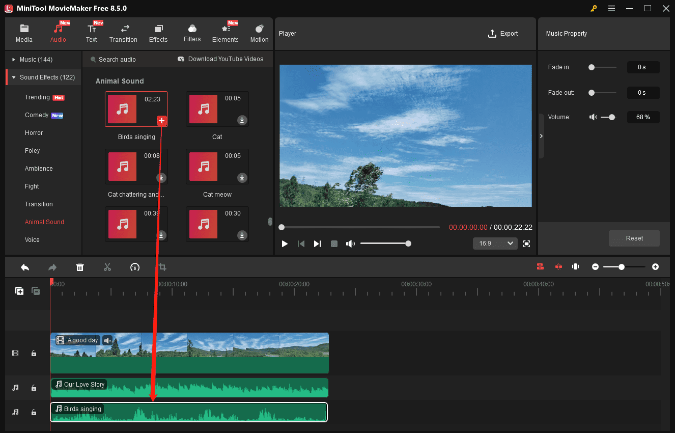 MiniTool MovieMaker interface showing how to add a sound effect to a video.