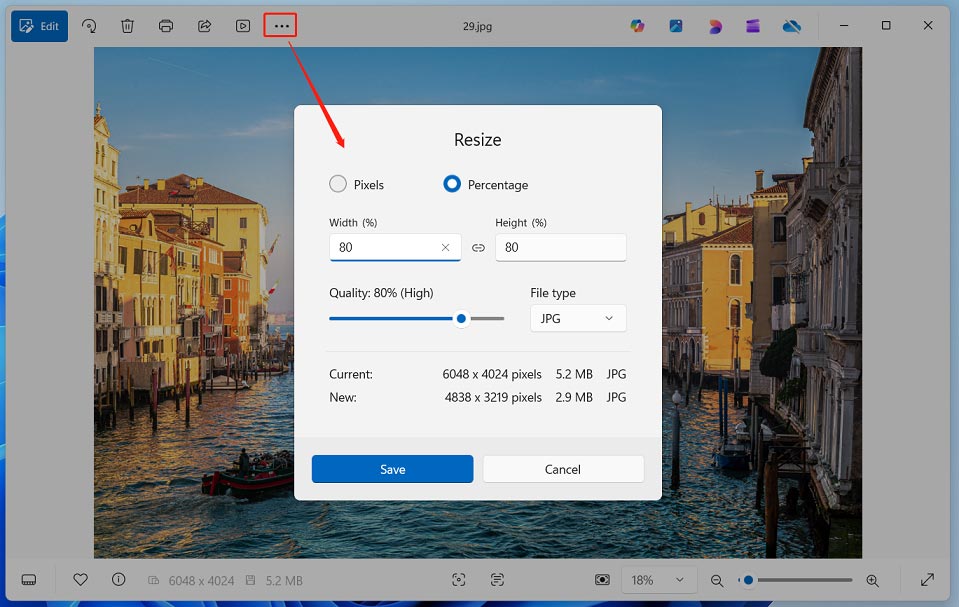 The Windows Photos app showing how to resize an image.