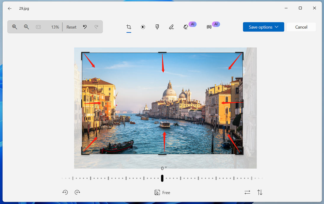 The Windows Photos app showing how to crop an image freely.