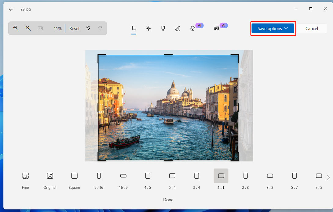 The cropping page of the Windows Photos app with the selected Save as options in the upper right corner.