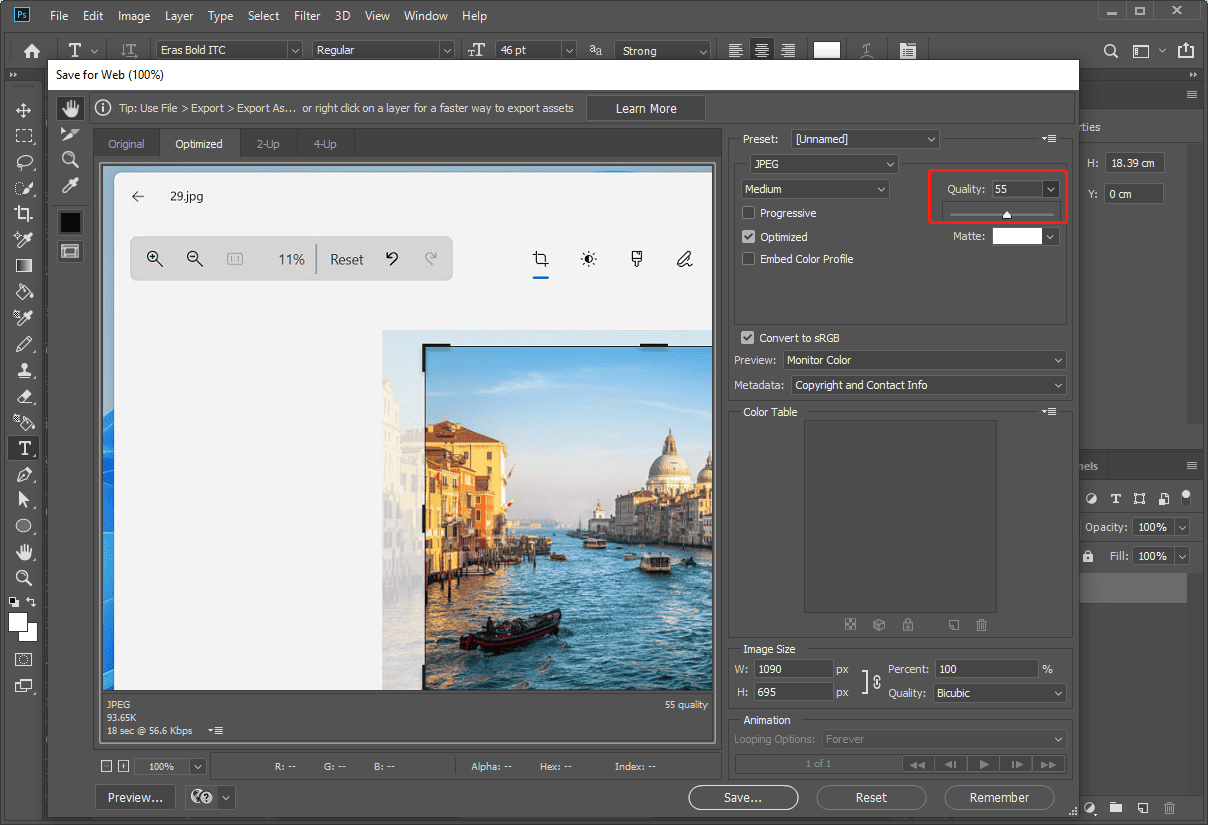 The Photoshop Save for Web window with the highlighted Quality option.