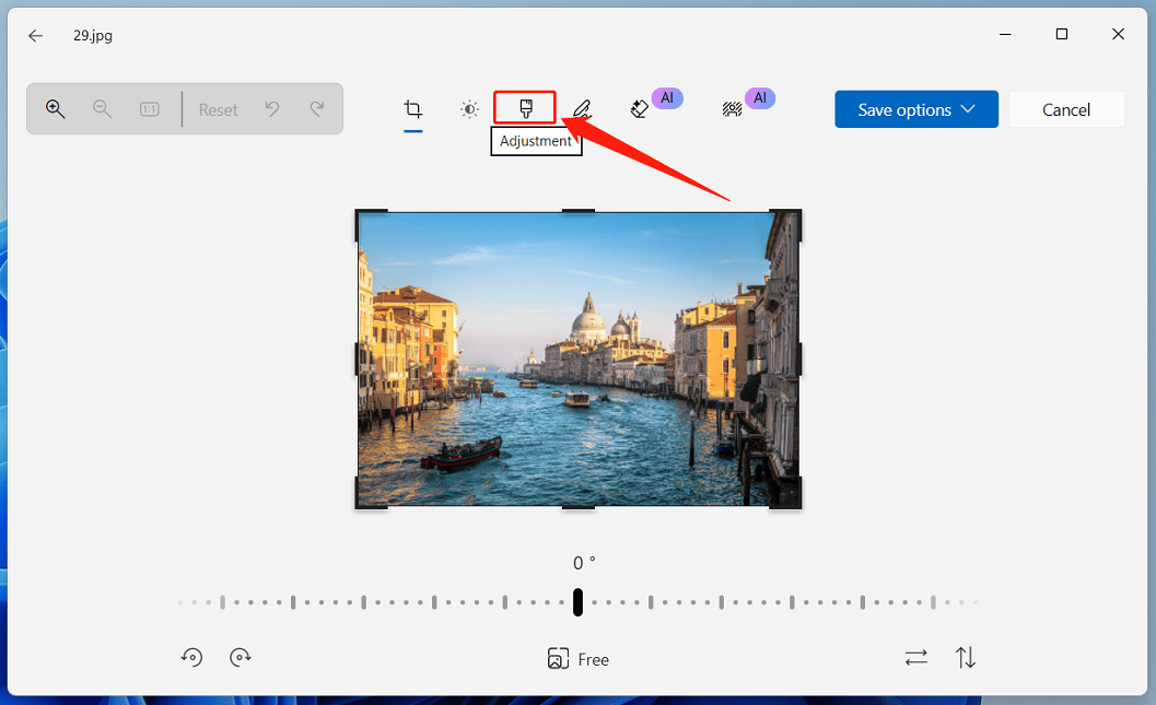 Windows Photos interface with the selected Adjustment icon at the top toolbar.