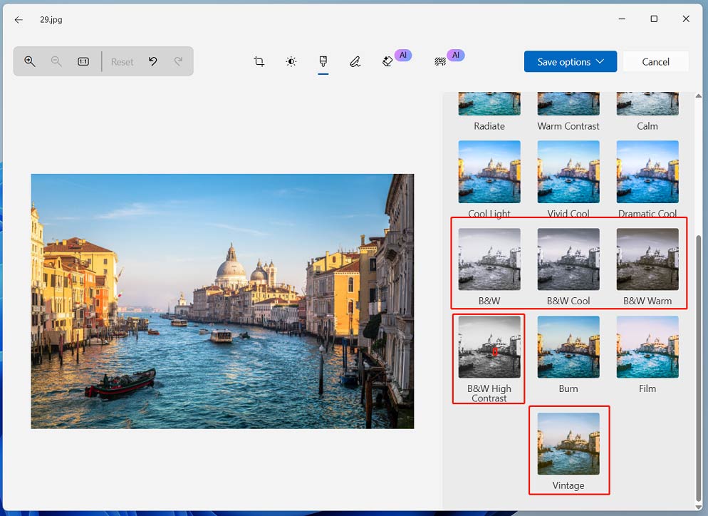 Windows Photos filter section with selected B&W and Vintage filters on the right.