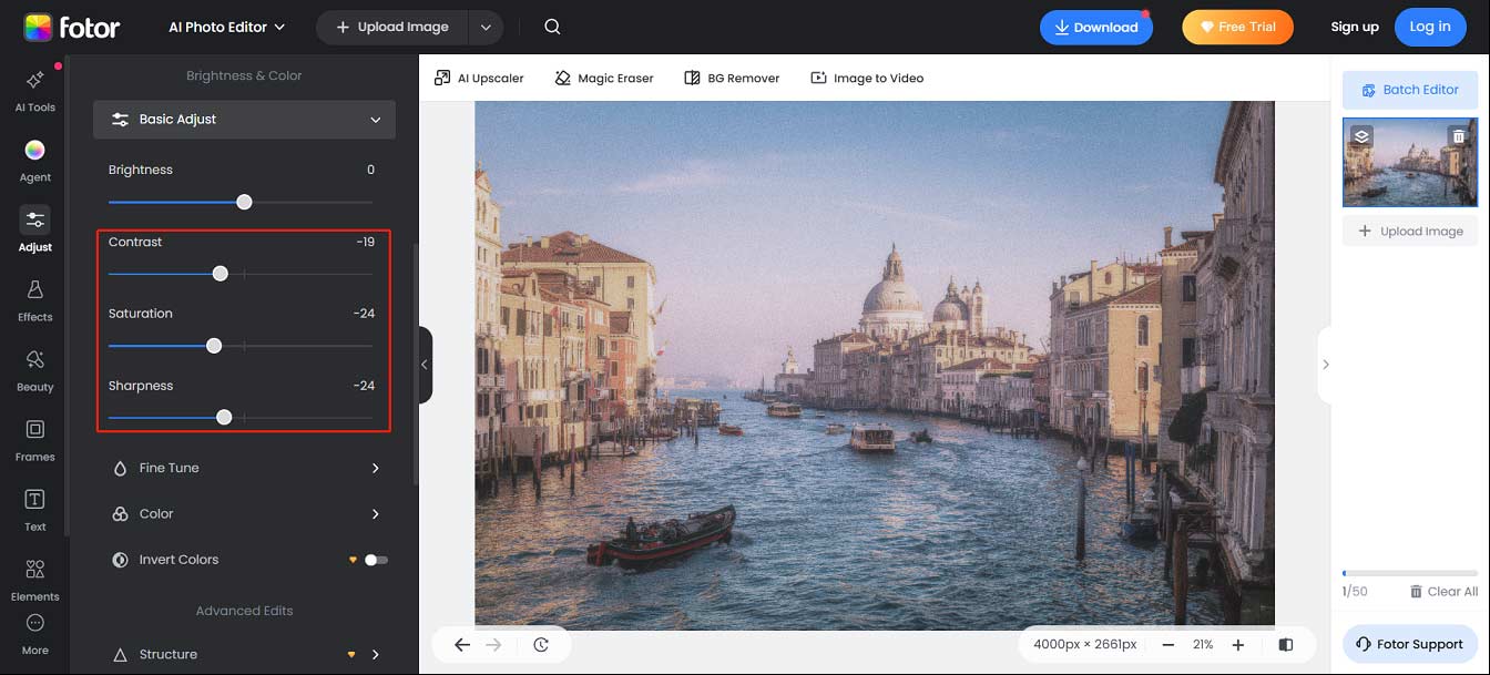 Fotor editing page showing the highlighted Contrast, Saturation, and Sharpness options.
