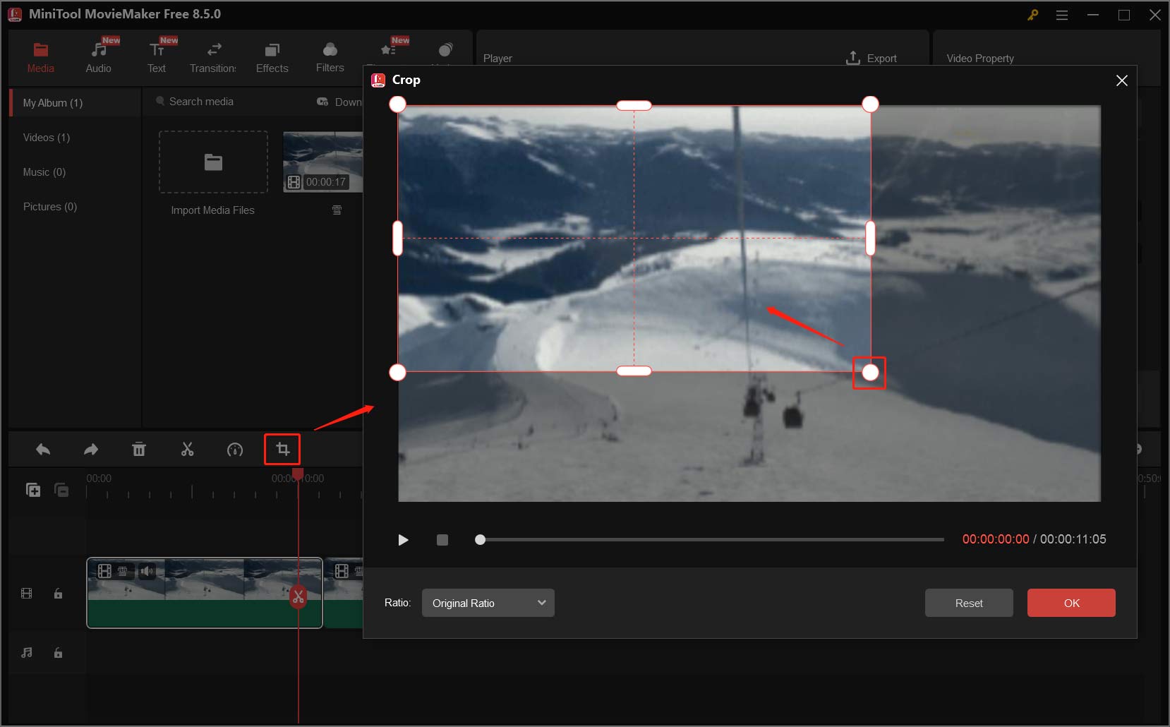 MiniTool MovieMakerのクロップウィンドウ