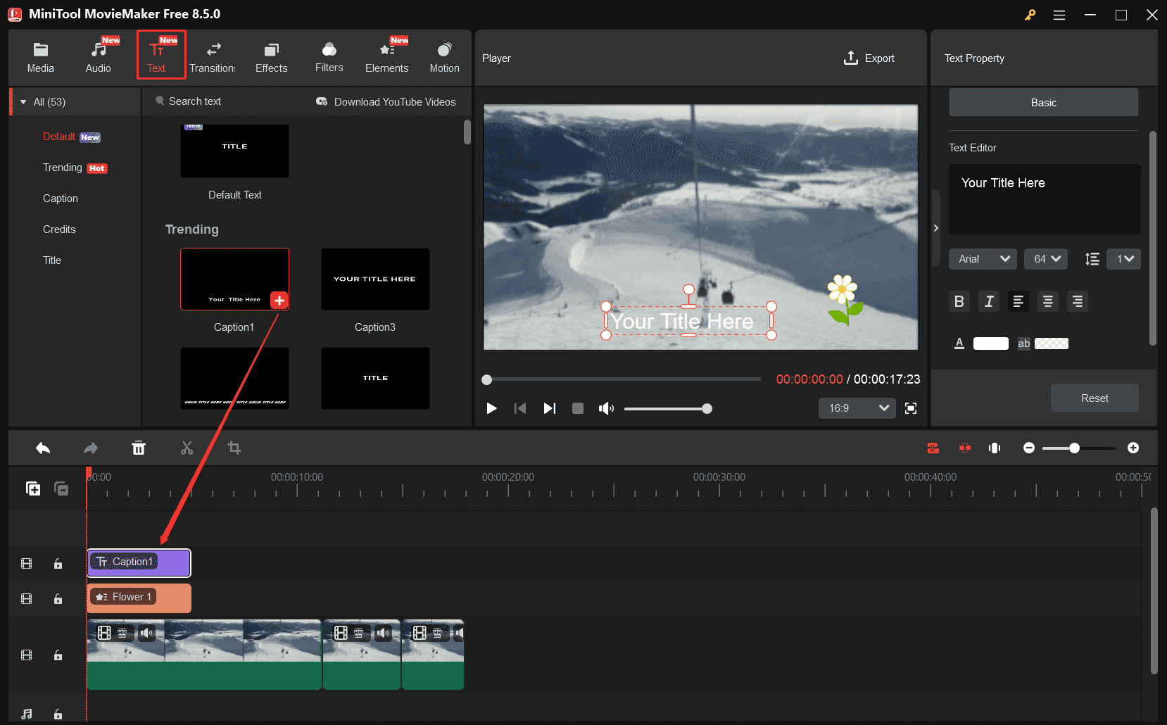 MiniTool MovieMakerでテキストが動画に追加された状態