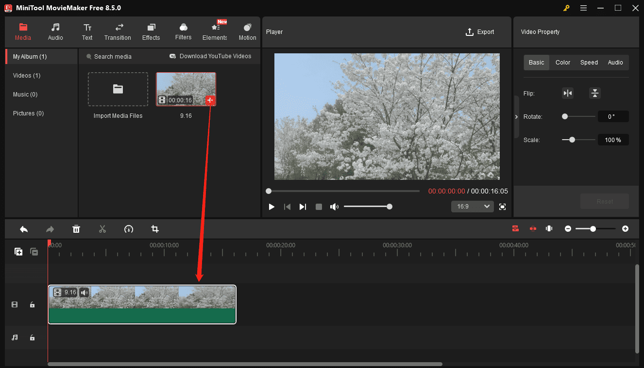 MiniTool MovieMaker interface showing how to add a video from the media library to the timeline.