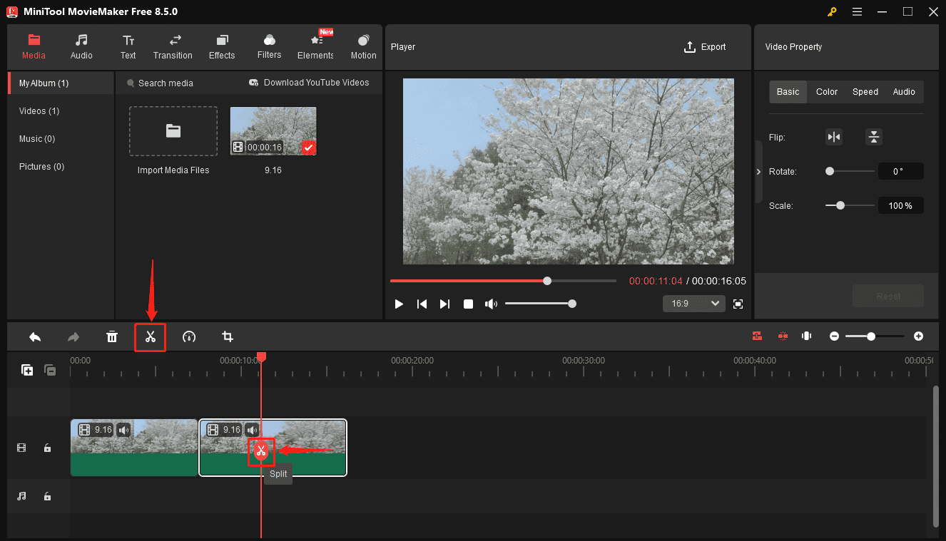 MiniTool MovieMaker interface showing how to split a video into three parts on the timeline.