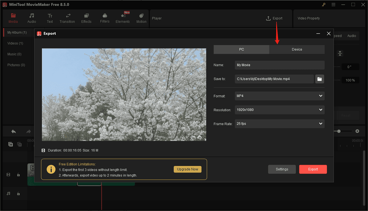 MiniTool MovieMaker interface showing how to open the Export window.