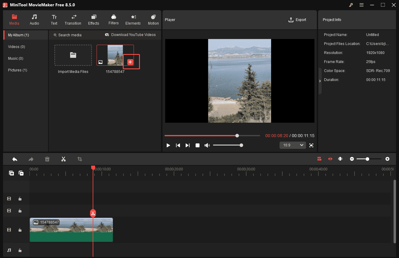 MiniTool MovieMaker interface showing the highlighted Plus icon.