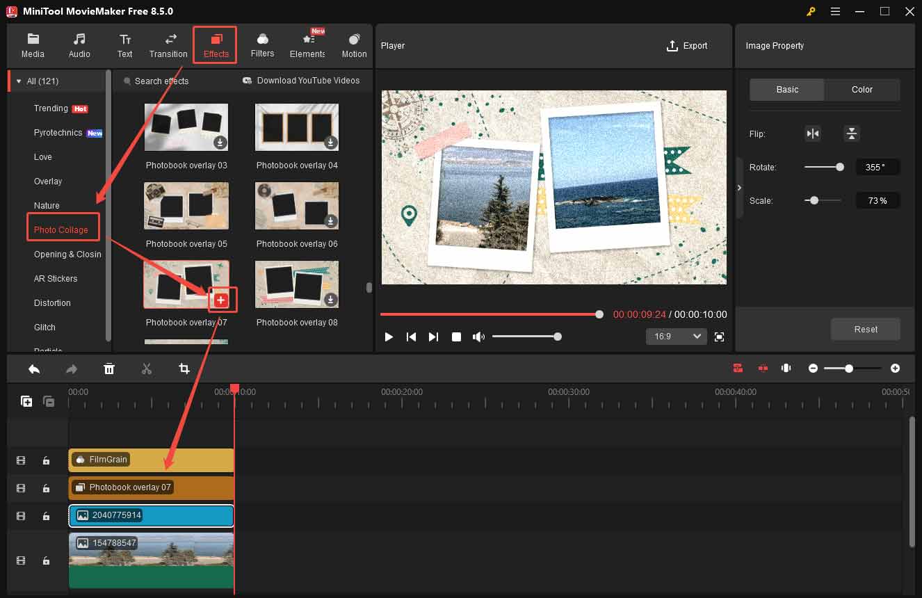 MiniTool MovieMaker interface showing how to add a frame to images.