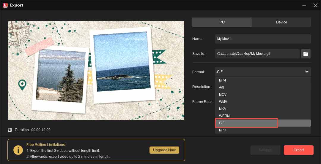 MiniTool MovieMaker export window showing the selected GIF option.