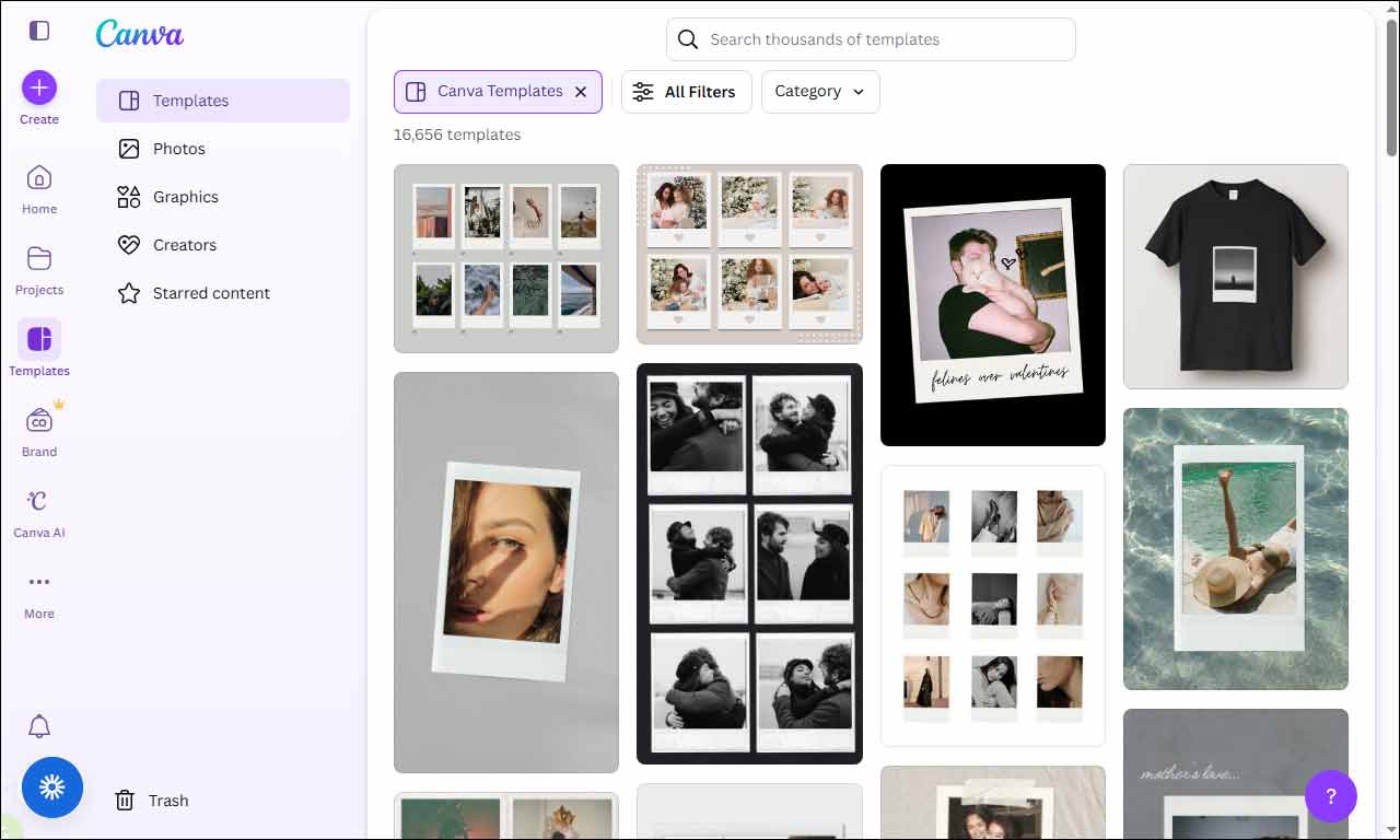 Canva interface displaying various Polaroid-style templates available for selection.