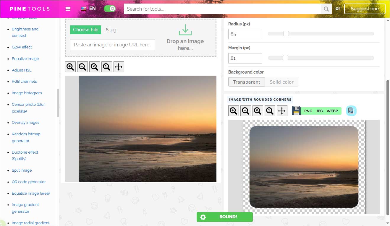 PineTools interface displaying an image with rounded corners.