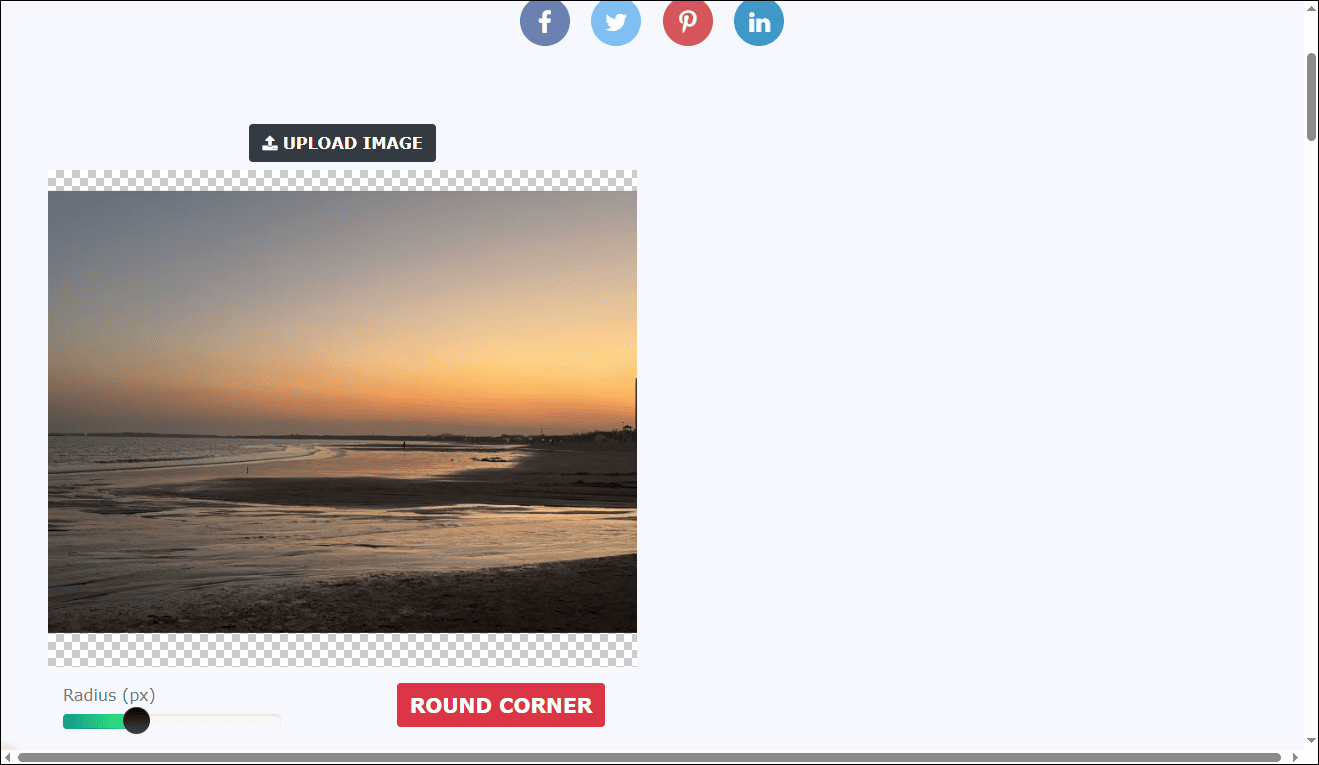 ImageOnline.co interface showing the round corners tool with a radius slider.