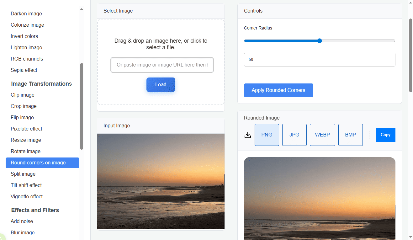 CocoShot interface showing how to make image corners round.