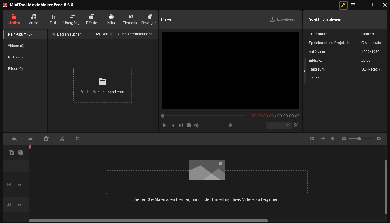 Klicken Sie auf das Symbol Registrieren, um zum Registrierungsfenster von MiniTool MovieMaker zu gelangen.