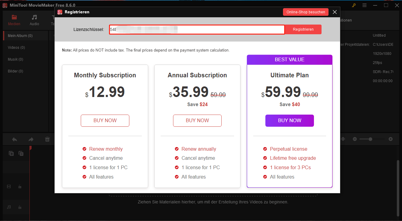 Geben Sie den Lizenzschlüssel in das Textfeld ein und klicken Sie auf Registrieren in MiniTool MovieMaker.