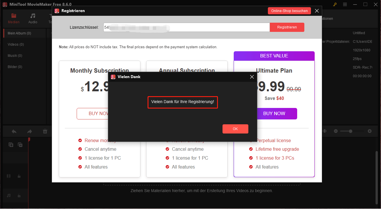 MiniTool MovieMaker erfolgreich registriert.