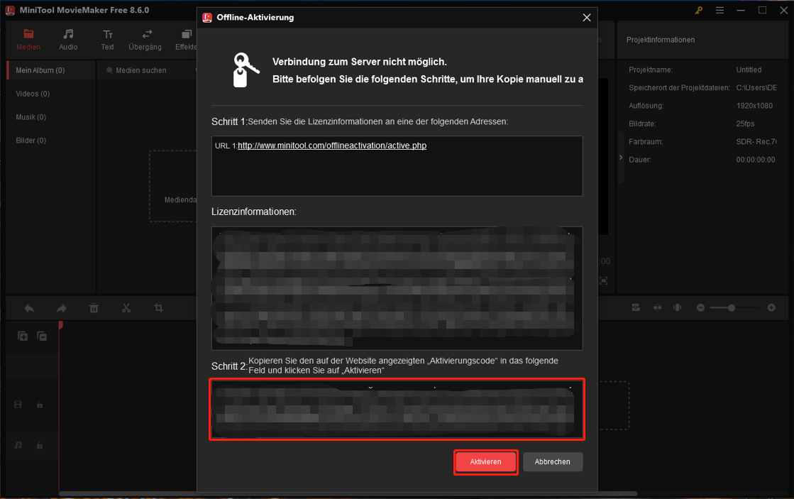 Fügen Sie den Aktivierungscode an der angegebenen Stelle ein und klicken Sie auf Aktivieren in MiniTool MovieMaker.