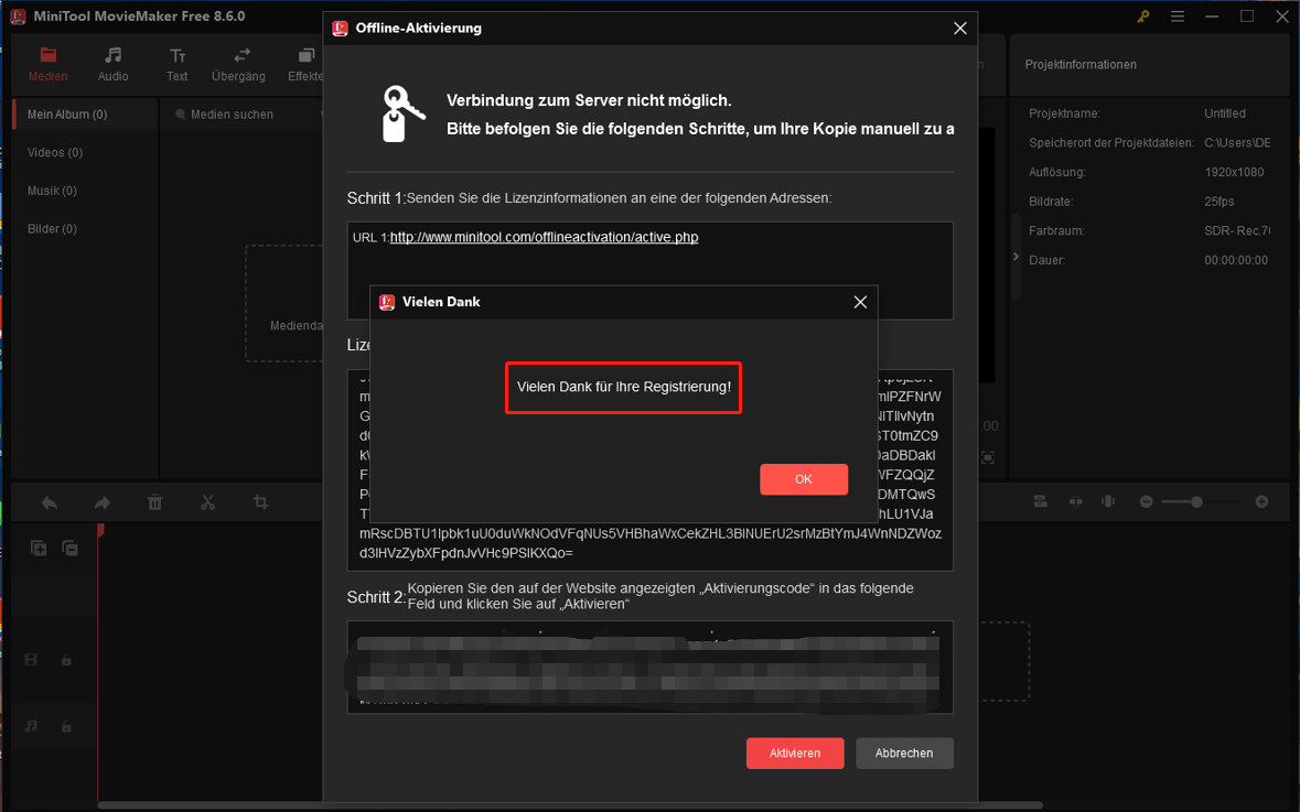 MiniTool MovieMaker wurde erfolgreich registriert.