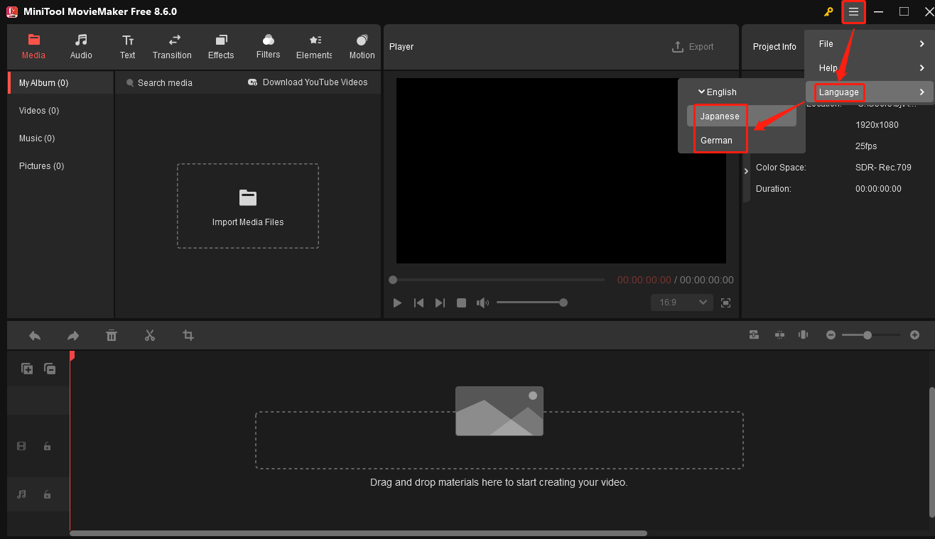 MiniTool MovieMaker main interface showing how to change the display language.