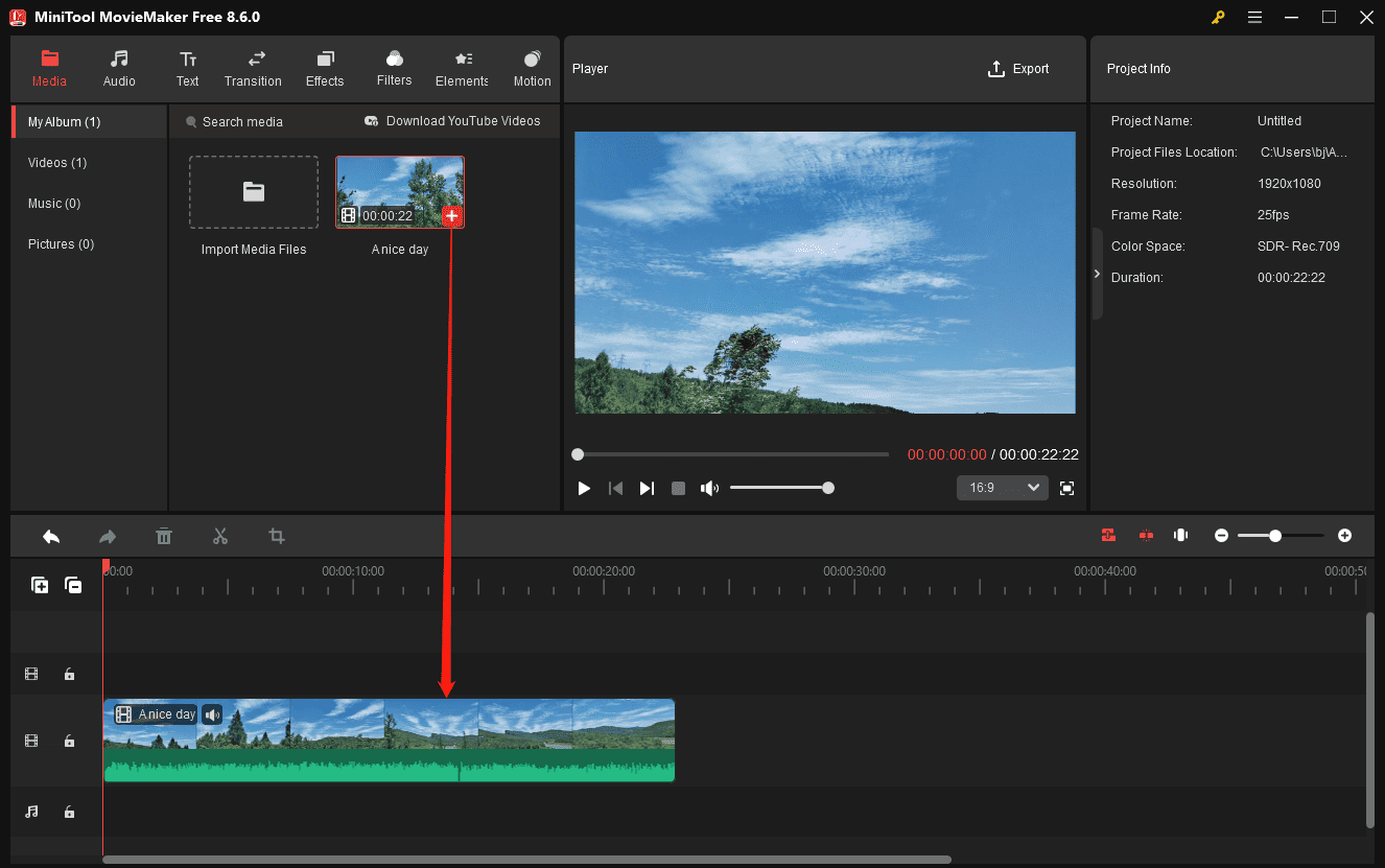 MiniTool MovieMaker interface showing how to add a video to the timeline.