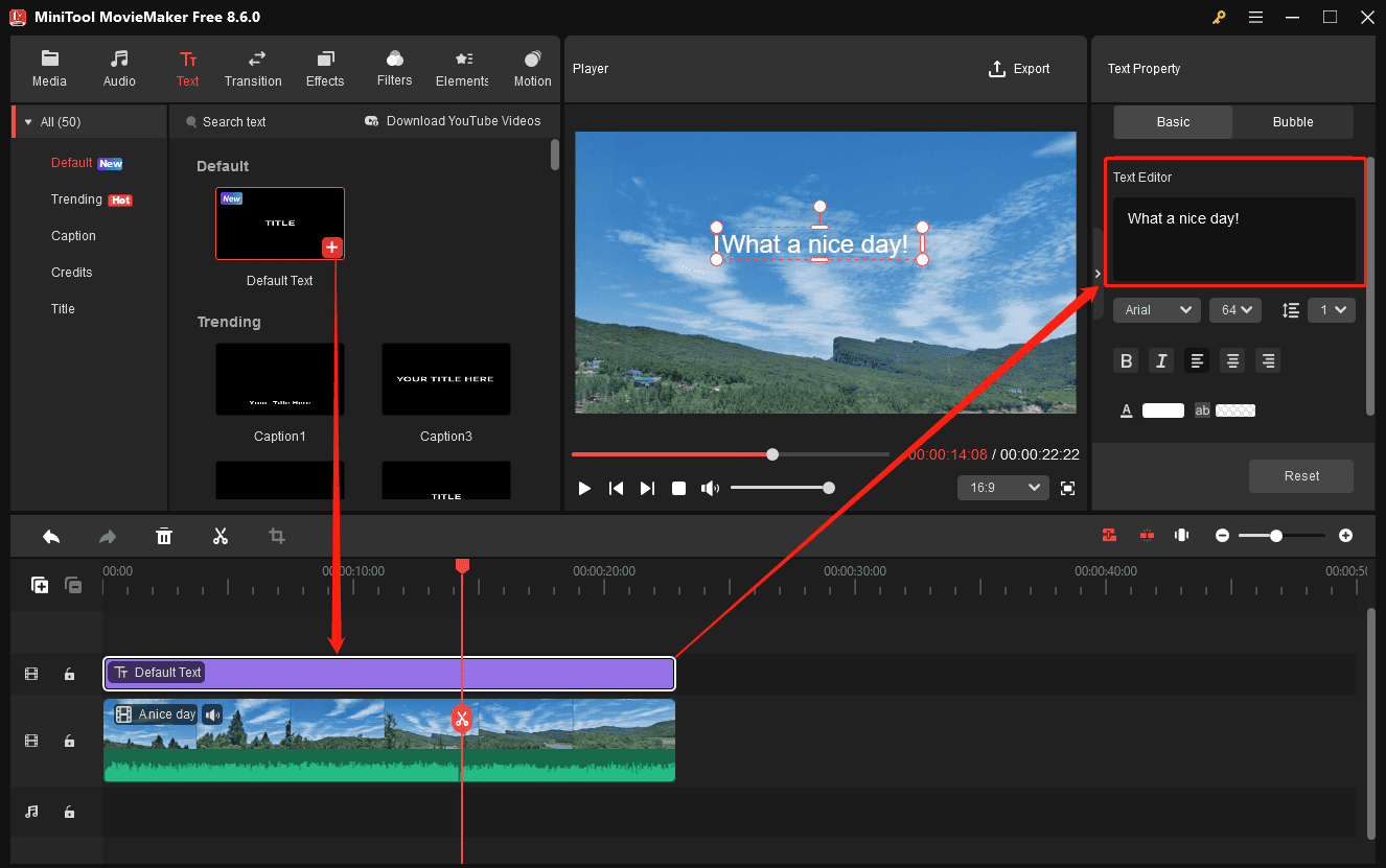 MiniTool MovieMaker interface showing how to add a video to the timeline.