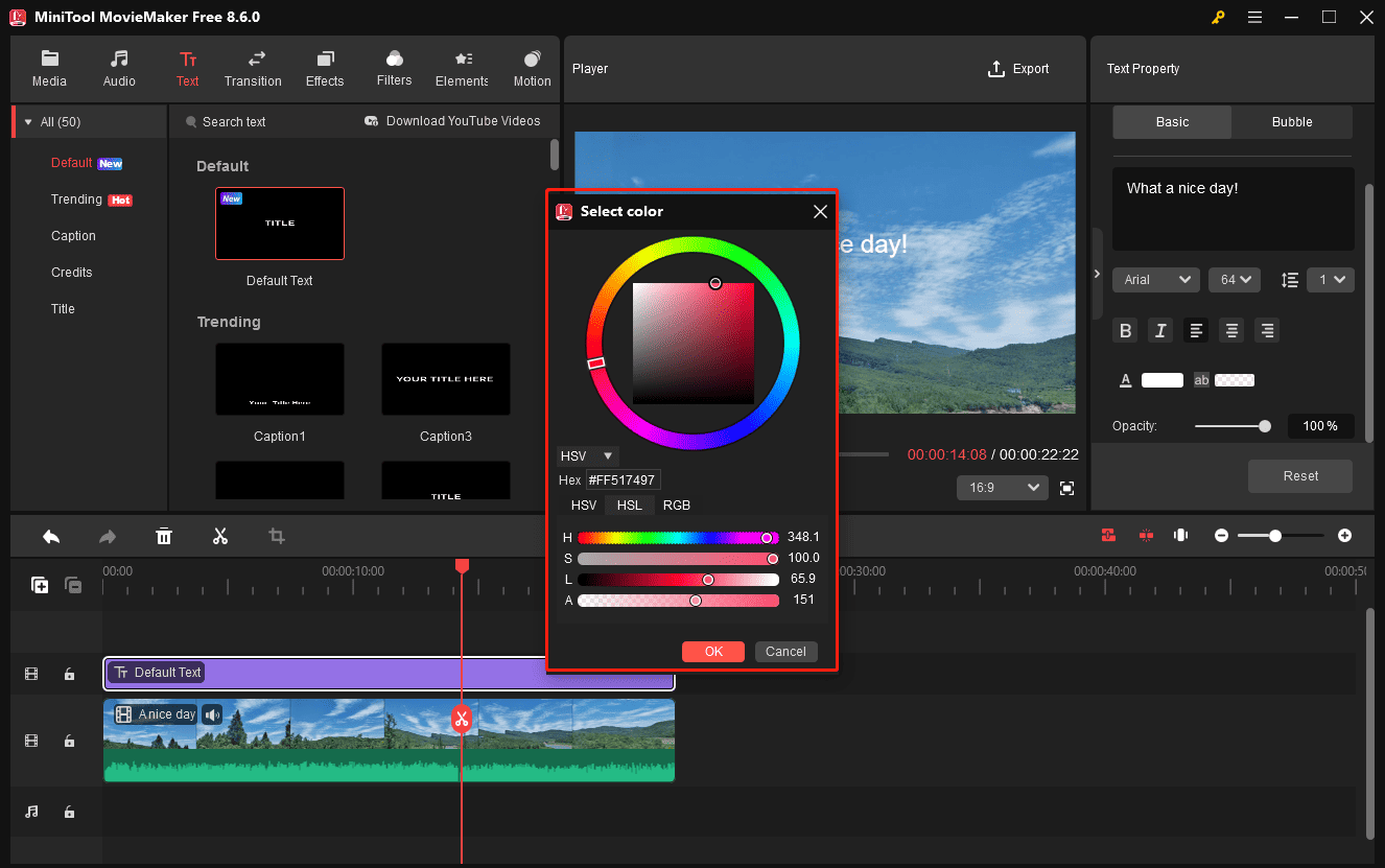 MiniTool MovieMaker interface with the highlighted Select color pop-up.