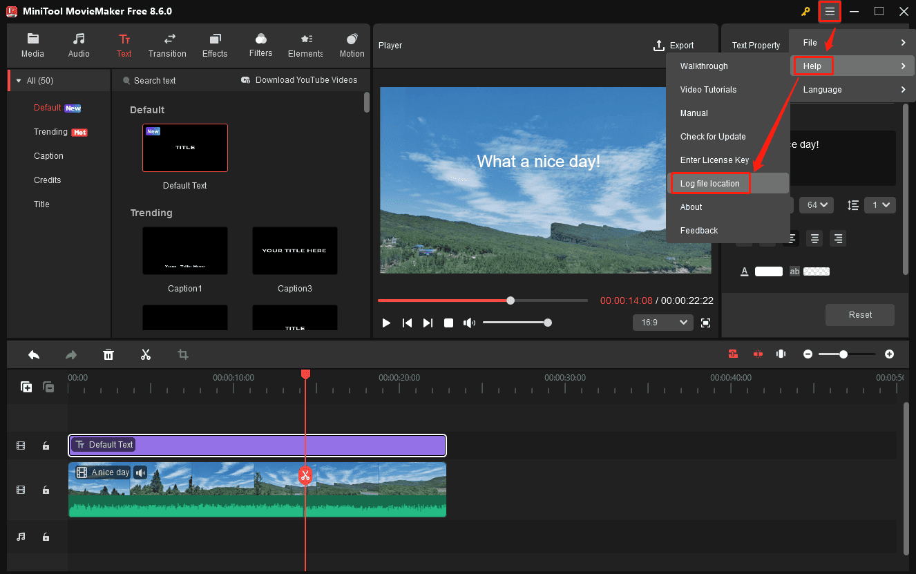 MiniTool MovieMaker interface showing how to open the log file location.