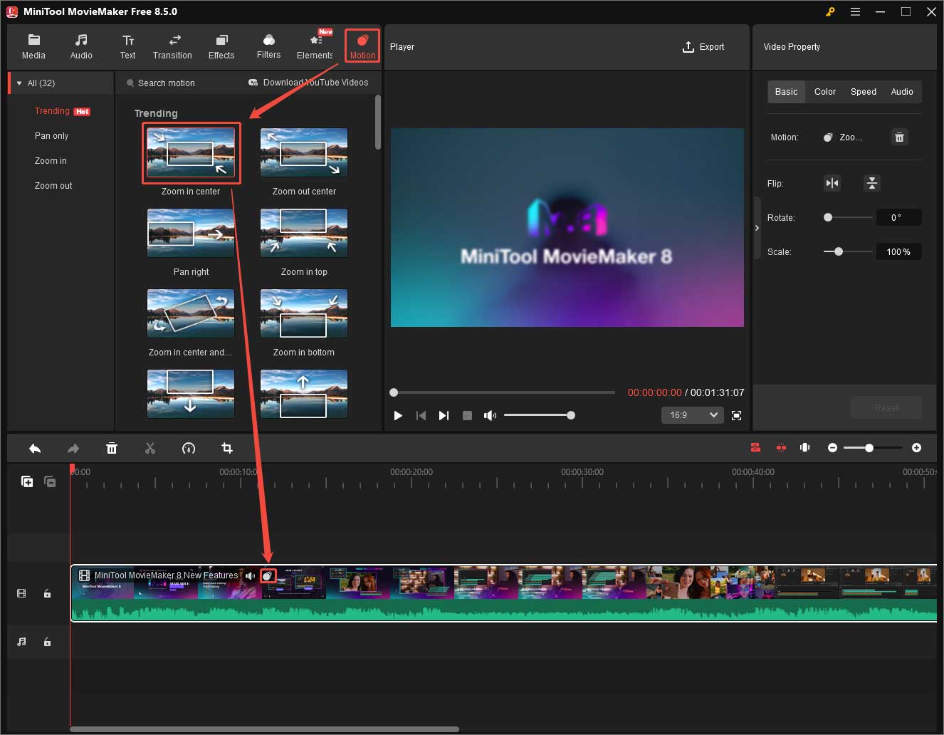 MiniTool MovieMaker interface showing how to add a motion effect onto a clip on the timeline.