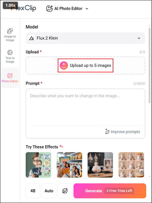 FlexClip interface with the Upload up to 5 images option selected.