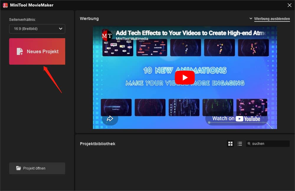 Klicken Sie auf die Schaltfläche „Neues Projekt“, um ein Projekt in MiniTool MovieMaker zu starten.
