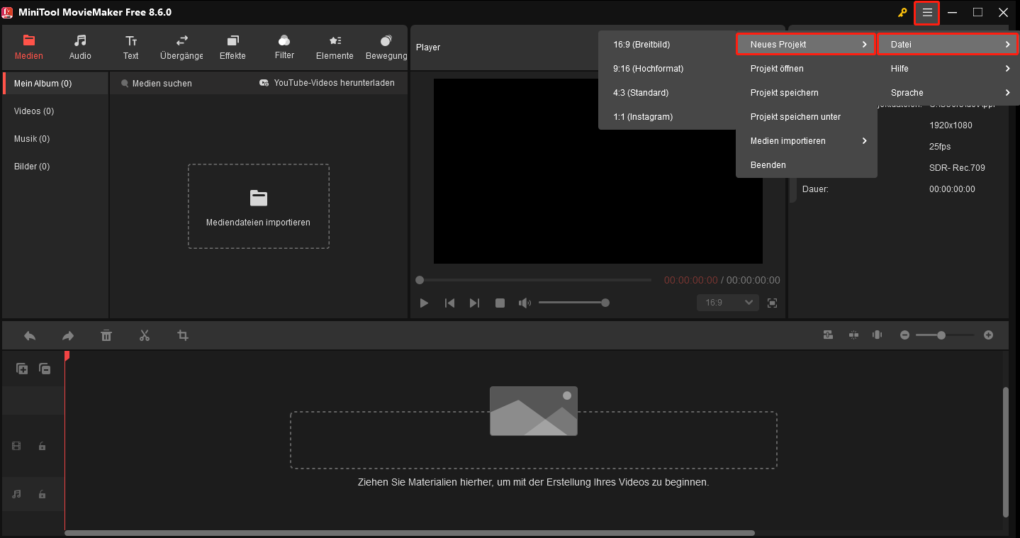 Projekt über die obere Menüleiste in MiniTool MovieMaker erstellen.
