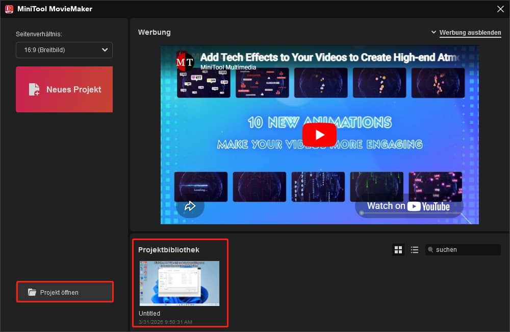 Klicken Sie auf Projekt öffnen, um ein von MiniTool MovieMaker erstelltes Projekt zu öffnen.