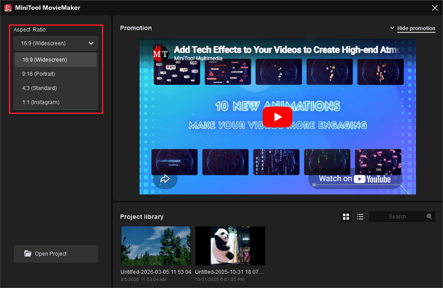 The highlighted aspect ratio section on the pop-up window of MiniTool MovieMaker.