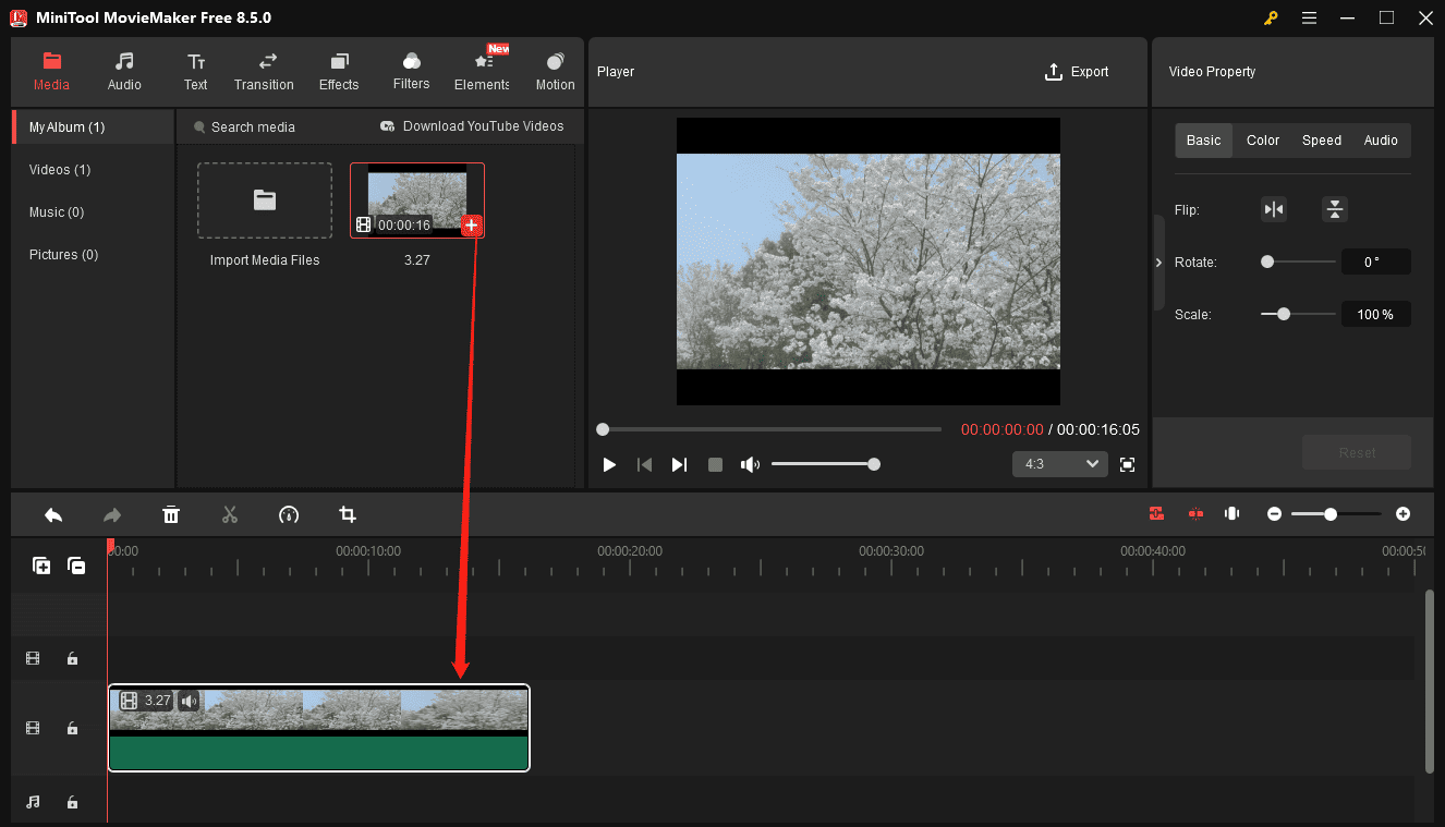 MiniTool MovieMaker interface showing how to add a video to the timeline.