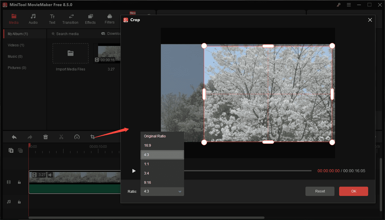 MiniTool MovieMaker interface showing how to open the Crop window and crop a video.