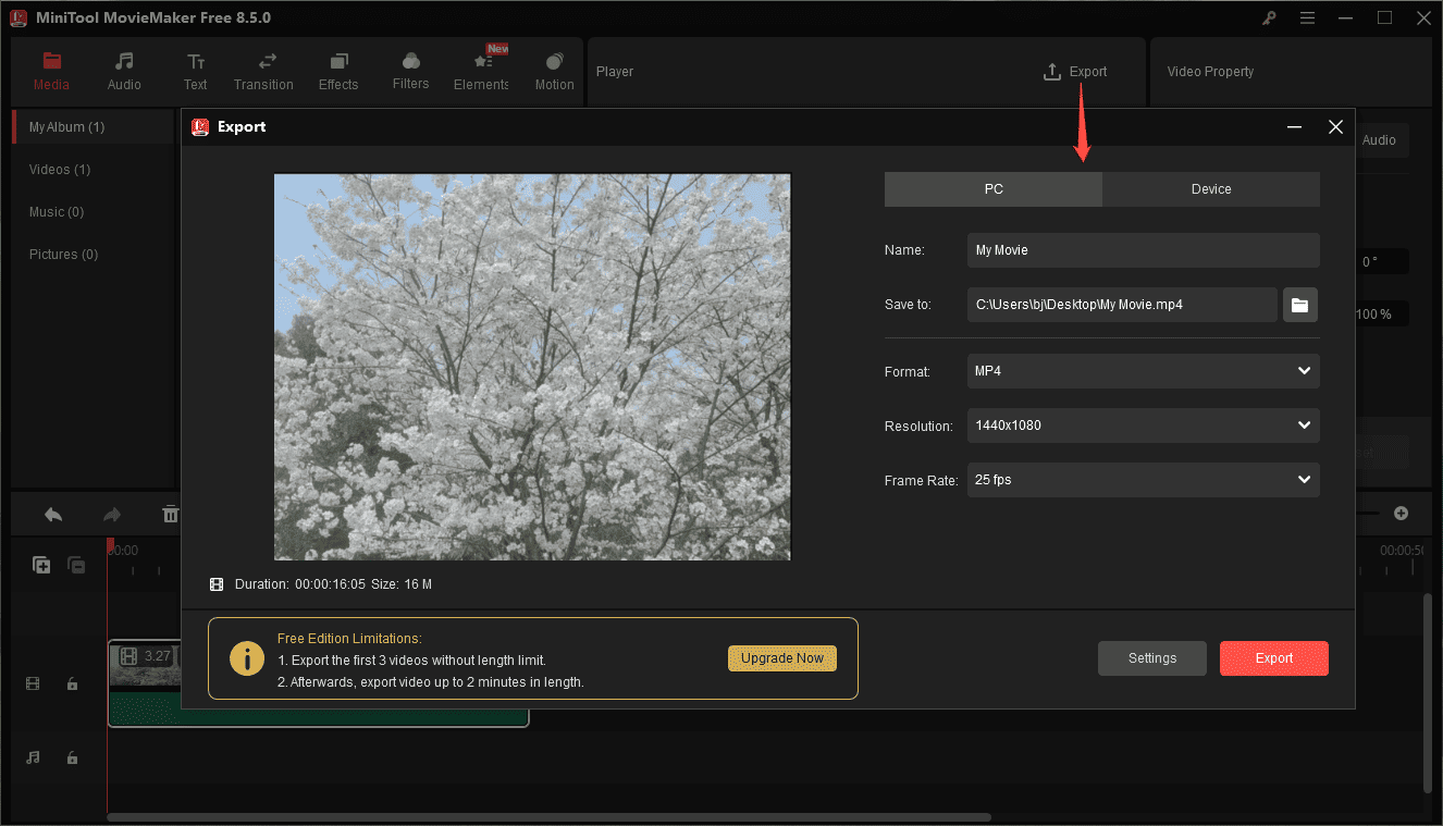 MiniTool MovieMaker interface showing how to open the Export window.
