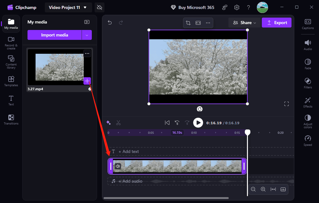 Microsoft Clipchamp interface showing how to add a video to the timeline.
