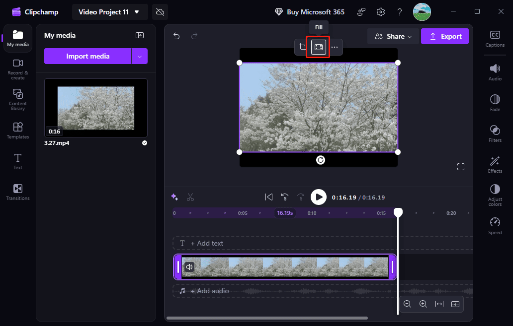 Microsoft Clipchamp interface with the selected Fill icon on top of the preview window.