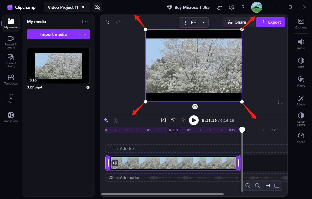 Microsoft Clipchamp interface showing how to magnify a video.