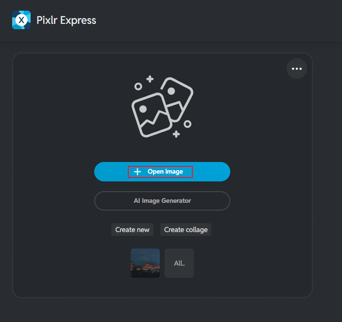 Pixlr interface with the Open image option selected.